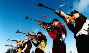 Taking aim: biathlon athletes get some target practice in.