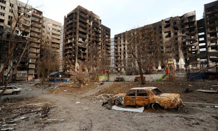 Shelled buildings in the besieged southern port city of Mariupol, Ukraine March 2022.