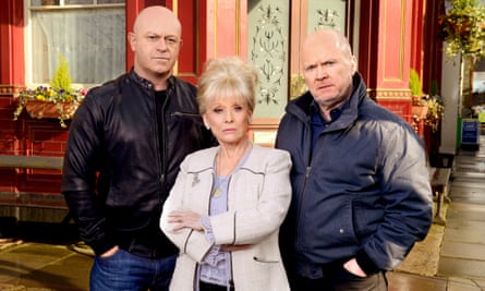 As Peggy Mitchell in EastEnders, with Ross Kemp (left) and Steve McFadden, her screen sons Grant and Phil.