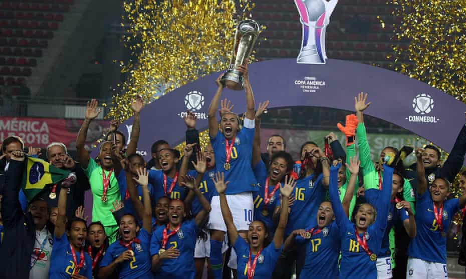Brazil celebrate winning the women’s Copa America in Chile on 22 April.