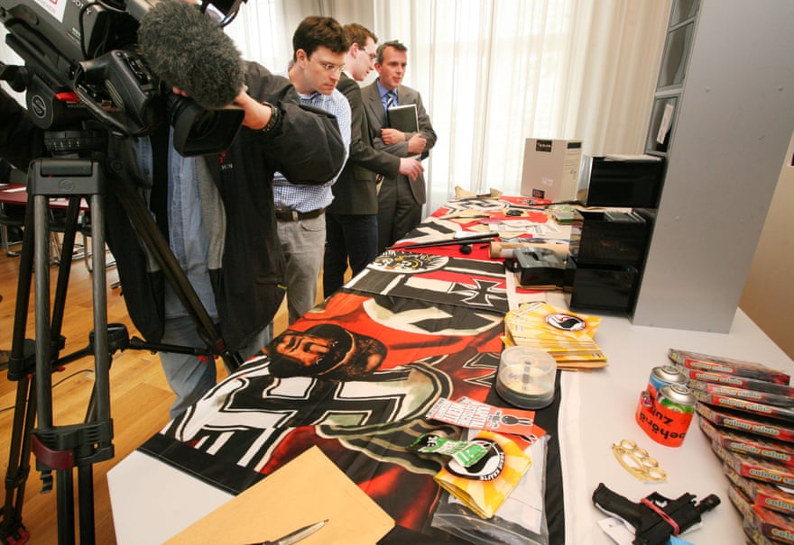 Confiscated material from a far right extremist group on display at a press conference held by Brandenburg’s Ministry of the Interior in 2011. Confiscated material from a far right extremist group on display at a press conference held by Brandenburg’s Ministry of the Interior in 2011.