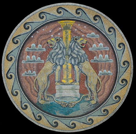Entrance hall floor mosaic, depicting lions guarding a pillar of gold