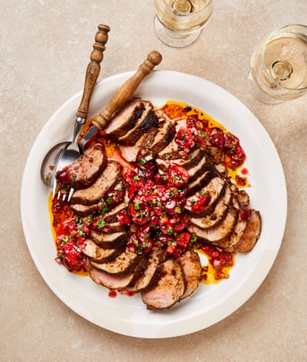 Yotam Ottolenghi’s roast pork tenderloin with cherry and chipotle salsa.