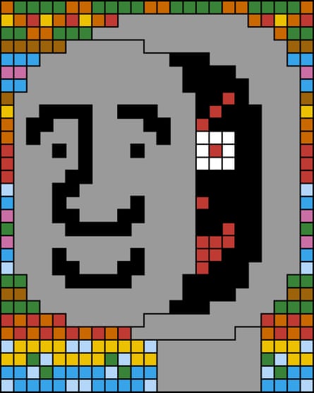 Pixelated artwork showing a gray smiley face mask being lifted to reveal a sinister face underneath.