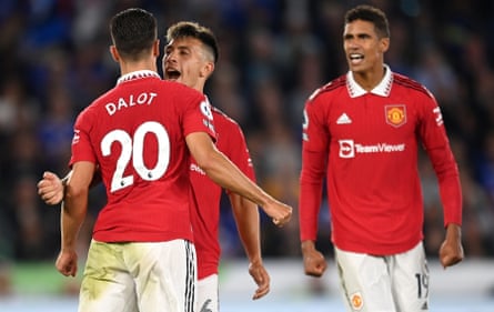 Diogo Dalot, Lisandro Martínez and Raphaël Varane during Manchester United’s 1-0 win over Leicester City.