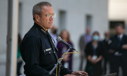 The LAPD chief, Michel Moore, in June, speaking at a microphone