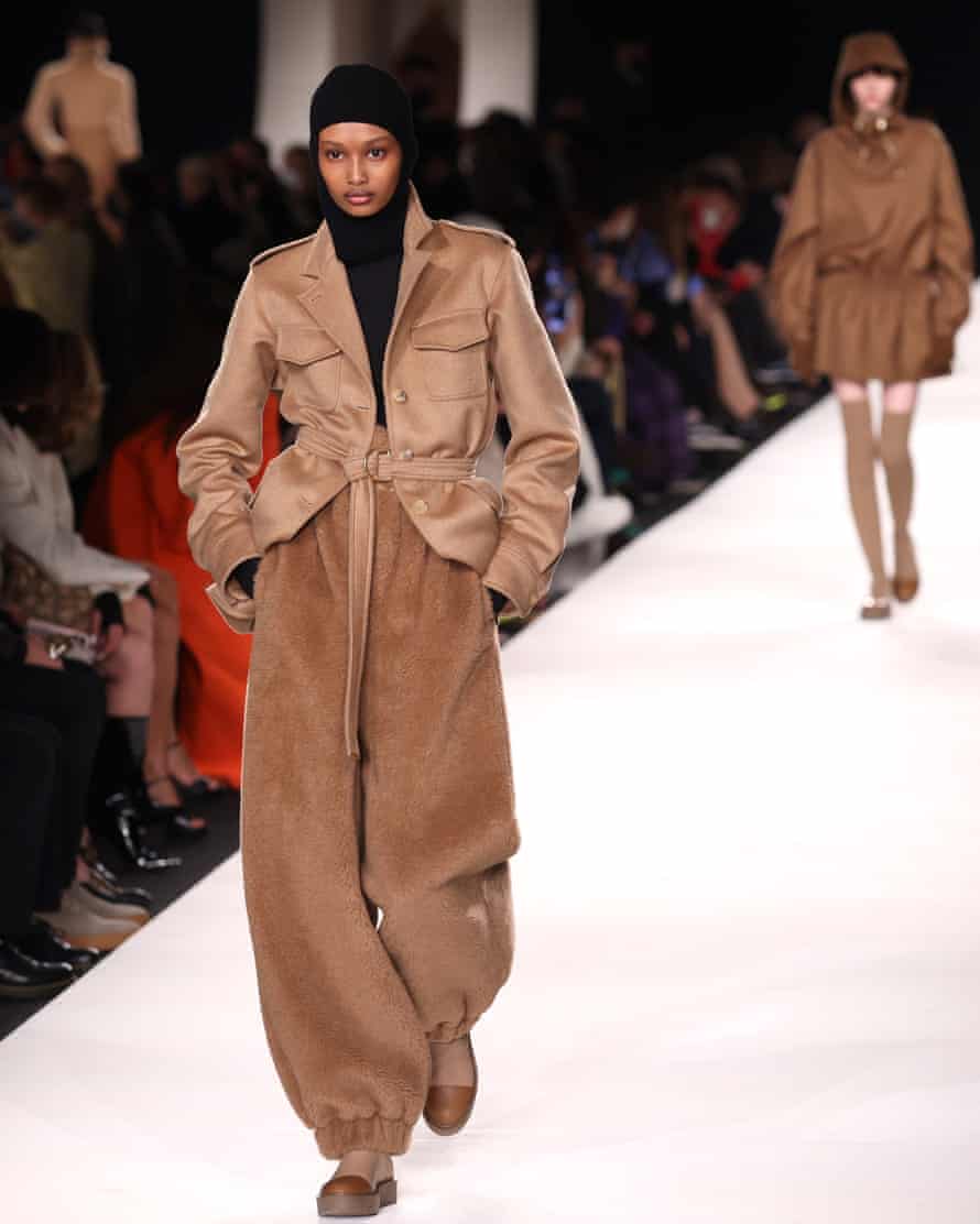 Teddy bear fake fur coats and ultra wide-leg trousers featured during the MaxMara show.