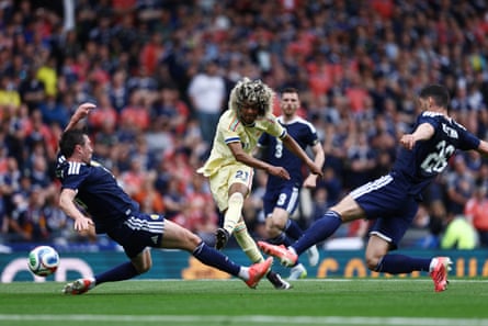 Curaçao’s Tahith Chong scores against Scotland at Hampden Park in May
