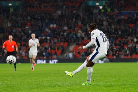 Eberechi Eze curls in England’s second goal to secure victory.