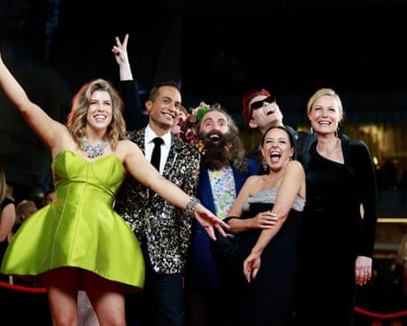 ABC Classic’s Megan Burslem, journalist Jeremy Fernandez, Gardening Australia host Costa Georgiadis, comedian Rhys Nicholson, Spicks & Specks’ Myf Warhurst and actor Marta Dusseldorp attend the 65th Logie awards in Sydney on Sunday night