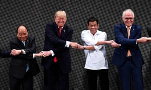 Vietnamâs prime minister, Nguyen Xuan Phuc, US president Donald Trump, Philippine president Rodrigo Duterte and Australian prime minister Malcolm Turnbull, link hands at the Asean summit in 2017.