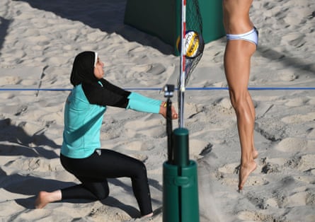 Uniform rules were changed ahead of the London 2012 Olympics to open women’s beach volleyball up culturally. Some competitors – including a number of Egypt’s women’s team, pictured here – match tops and leggings with the hijab.