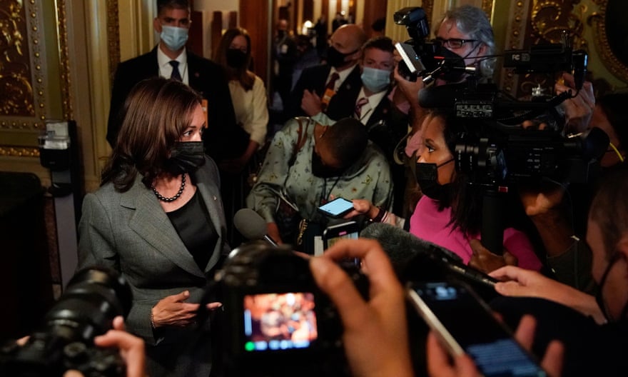 Harris speaks to reporters in Washington DC after a voting rights bill failed to advance on 20 October.