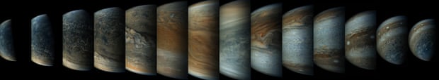 Once every 53 days the Juno spacecraft swings close to Jupiter, speeding over its clouds. In just two hours, the spacecraft travels from a perch over Jupiter’s north pole through its closest approach (perijove), then passes over the south pole on its way back out.
