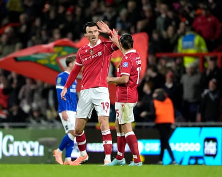 Wrexham’s Kieffer Moore is congratulated after equalising against Cardiff