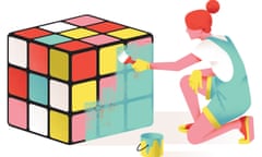 Illustration of woman painting over a Rubik's Cube