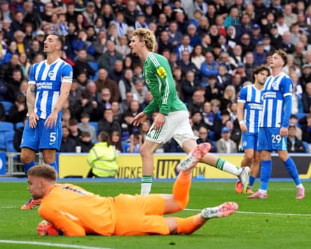 Nick Woltemade celebrates after scoring for Newcastle in their 2-1 defeat at Brighton