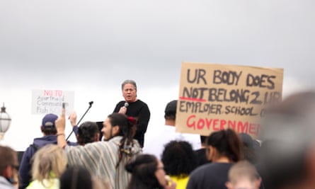 Destiny Church leader Brian Tamaki speaks to people during an anti-lockdown protest in Auckland.