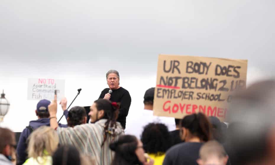 Destiny Church leader Brian Tamaki speaks to people at an anti-lockdown protest in Auckland, New Zealand. 