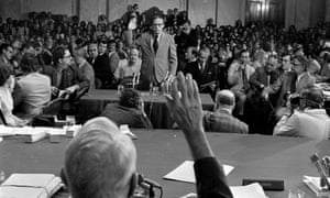 Former White House aide John Dean is sworn in by Senate Watergate committee chairman Sam Ervin on 25 June 1973.