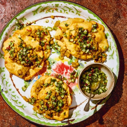 Doubles with chana dal and chutneys.