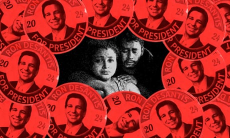 Illustration of couple looking afraid with Ron DeSantis stickers around them