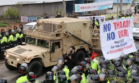 A US military vehicle which is a part of Terminal High Altitude Area Defense (THAAD) system arrives in Seongju, South Korea in 2017.