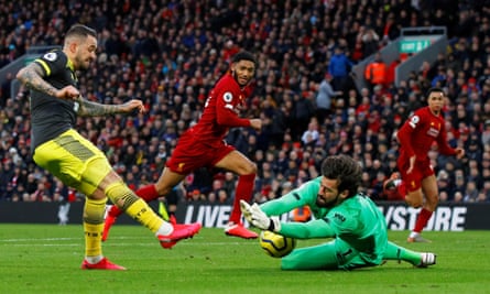 The form of Alisson, saving here from Southampton’s Danny Ings, has also been key for Liverpool.