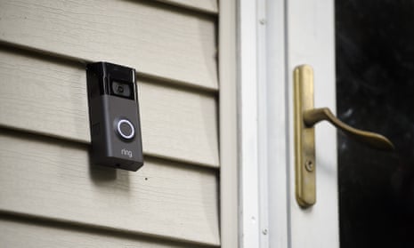 A Ring doorbell camera is seen at a home in Wolcott, Connecticut.