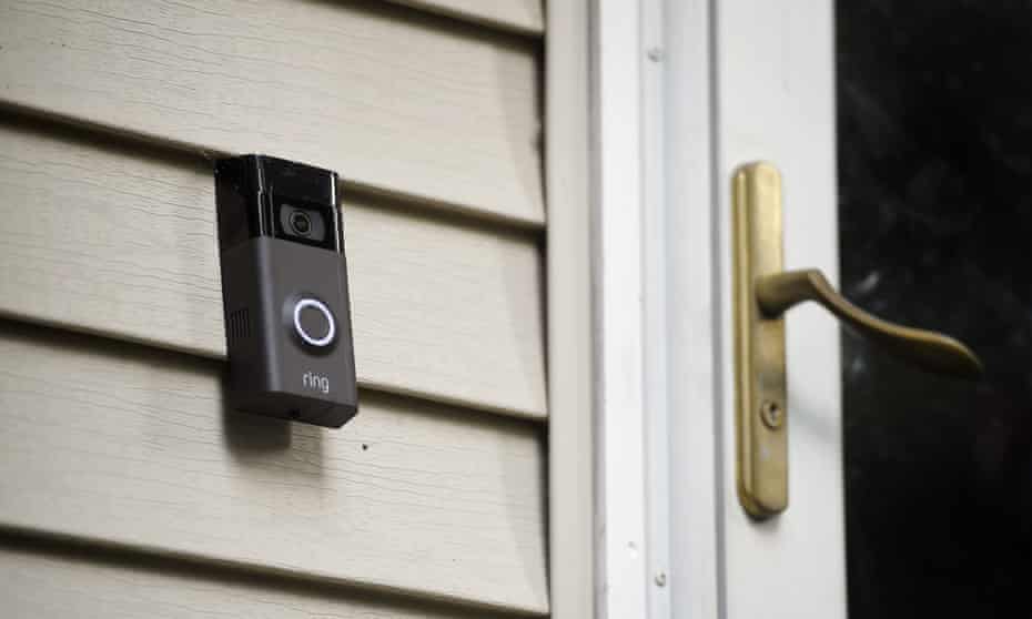 A Ring doorbell camera is seen at a home in Wolcott, Connecticut.