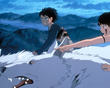 two youngsters riding white wolves