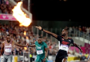 Trinidad And Tobago’s Jereem Richards celebrates after winning gold in the men’s 200m final