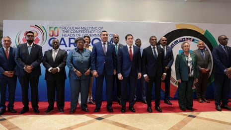 The US secretary of state, Marco Rubio, poses for a family photo with Caribbean Community (Caricom) heads of governemnts and leaders in Saint Kitts and Nevis, on 25 February 2026.