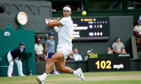 Rafael Nadal in action against Netherland's Botic Van De Zandschlup during their Gentlemen's Singles Round of 16 match during day eight of The Championships Wimbledon 2022 at All England Lawn Tennis and Croquet Club on July 4, 2022 in London, England.
