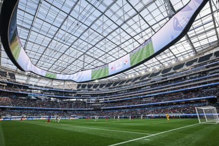 A general view of a CONCACAF Nations League semi-final match between the United States and Panamaat SoFi Stadium on March 20, 2025 in Inglewood, California. Mostly empty stands.
