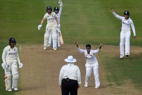 India’s Deepti Sharma appeals successfully for the wicket of England’s Heather Knight.