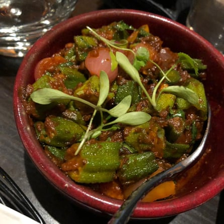 Okra with sweet onions at Grand Trunk Road in Woodford, London E18.