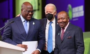 President of Congo Felix Tshisekedi, US President Joe Biden and Gabon President Ali Bongo Ondimba onstage during an Action on Forests and Land Use event earlier today.