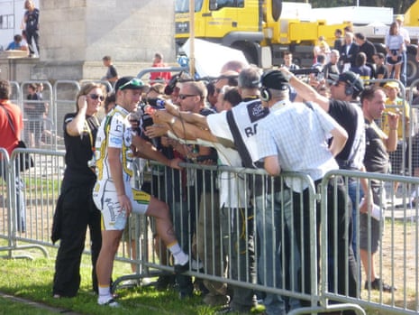 Mark Cavendish speaks to the media after winning a Tour de France stage in 2010.