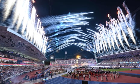 Fireworks erupt over Birmingham’s Alexander Stadium during the closing ceremony for the 2022 Commonwealth Games.