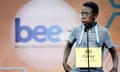 Carey Chesire, 13, of Topeka, Kansas, reacts after successfully spelling his word during Wednesday’s quarter-finals of the Scripps National Spelling Bee.