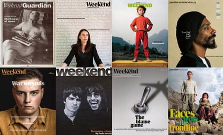 Composite of Guardian Weekend magazine covers. From top left: Richard Boston on Weekend’s first cover, 1998; Jacinda Ardern, 2019; Mathias Braschler and Monika Fischer’s take on China, 2008 (top, second right), terror attack survivors, 2019 (bottom left) and the climate crisis, 2009 (bottom right; Snoop Dogg, 2013; Jill Furmanovsky’s portrait of Oasis, 1997; switch/plane, 2020.