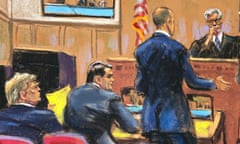 Sketch of three men in suits sitting at table looking at man wearing judge's robe
