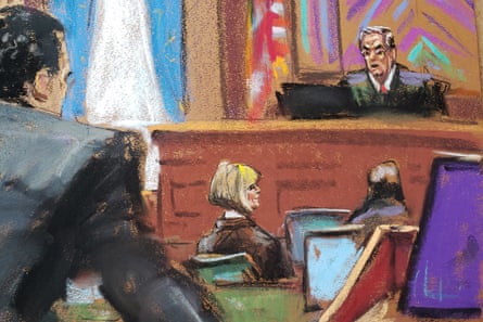 An artist’s drawing of the court proceedings.