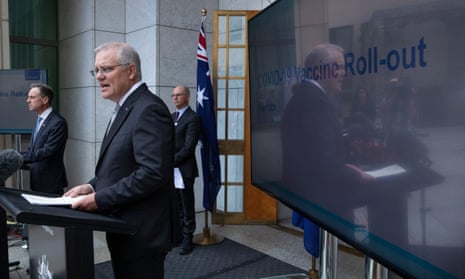The Prime Minister Scott Morrison at a press conference with health minister Greg Hunt, secretary of the department of health Brendan Murphy and CFO Paul Kelly in the PM’s courtyard of Parliament House in Canberra, 9 April 2021.