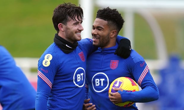 Ben Chilwell (left) and Reece James at an England training session last year. They would be progressive choices at wing-back.