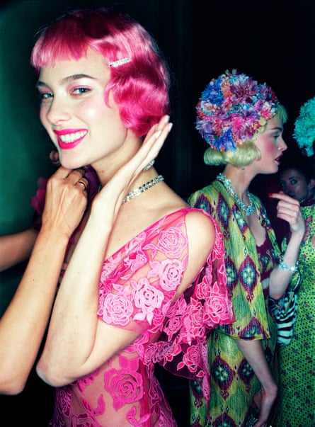 Pretty in pink: Shalom Harlow in a flapper wig backstage at John Galliano spring/summer 1998.