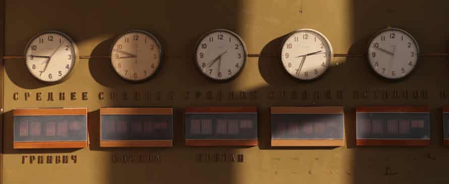 Clocks inside the control room of an abandoned Soviet-era optical radio telescope, on the slope of Mount Aragats, Armenia.