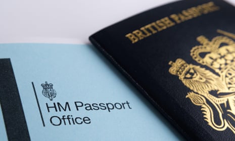 HM Passport Office logo and a blurred UK passport in the background