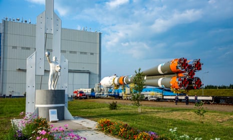 The Soyuz-2.1b rocket with the moon lander Luna-25 is transported to a launchpad at the Vostochny Cosmodrome.